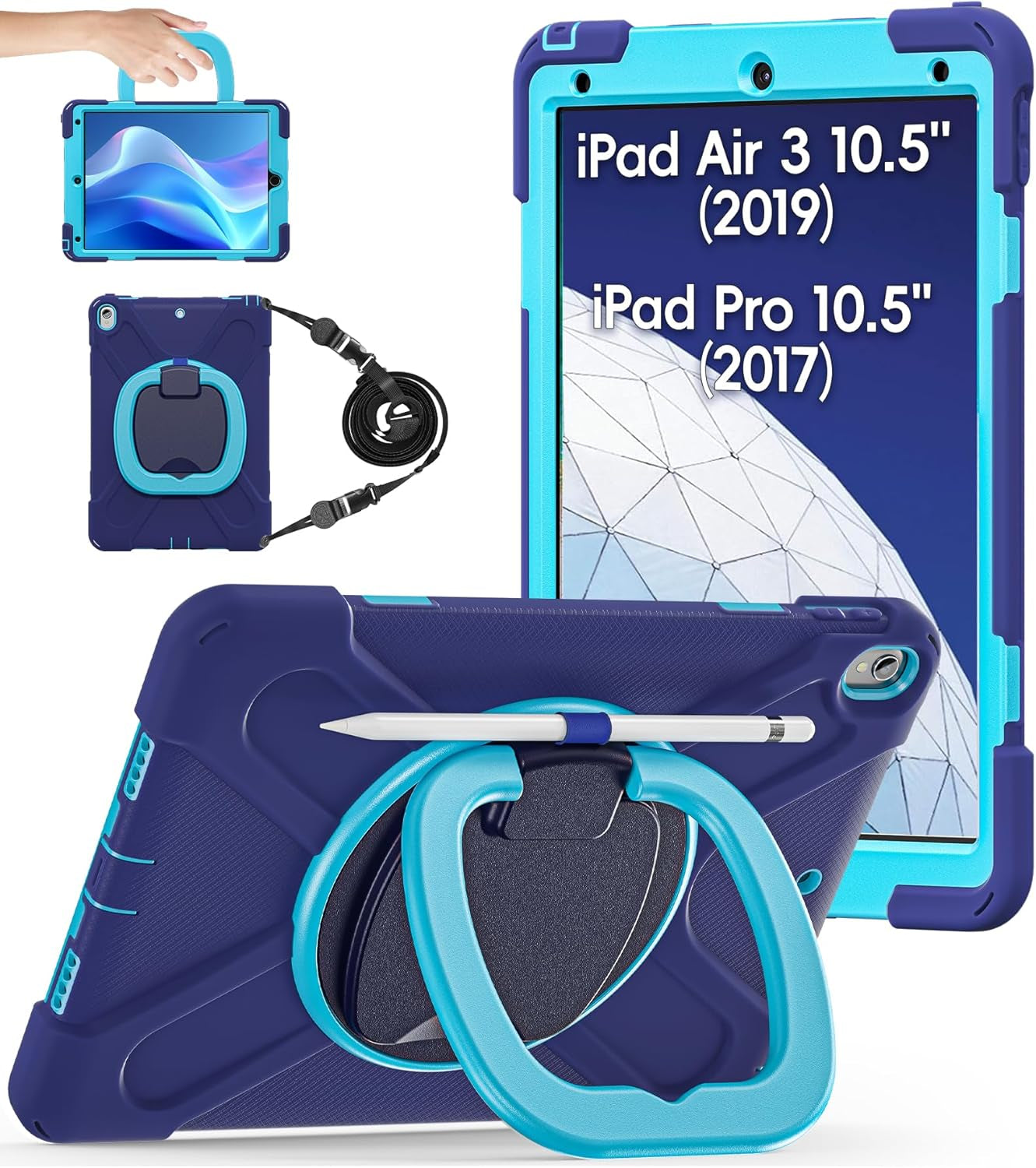 Ipad Pro 10.5 Case 2017 Released/Ipad Air 3Rd Generation Case 2019 Release; Rugged Heavy Duty Protective Cover with Pencil Holder, 360° Swivel Stand, Shoulder Strap; for Kids (Navy Blue+Blue)